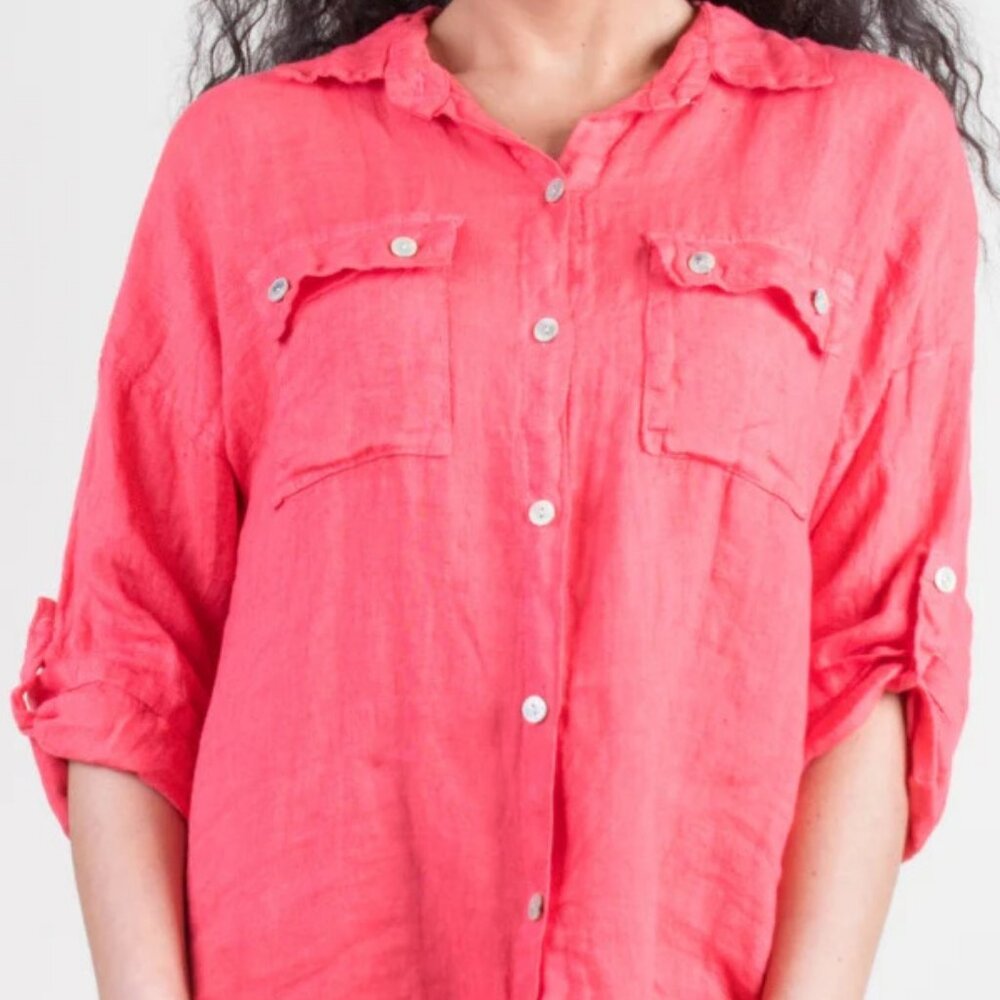 NWT Gigi Moda Navi Linen Button Down Shirt With Flap Pockets In Coral